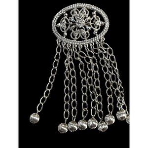 1969 Vintage Sarah Coventry Silver Brooch With Dangling Chains & Rhinestone Acce